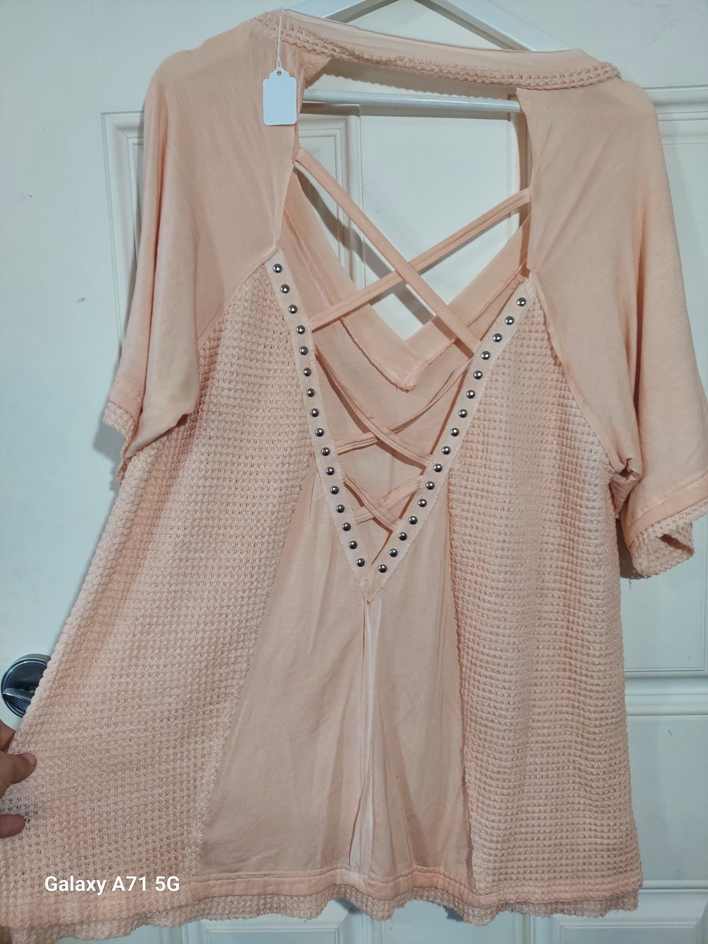 POL Peach Boho Waffle Knit Top Studded Open Criss Cross Cage Back L